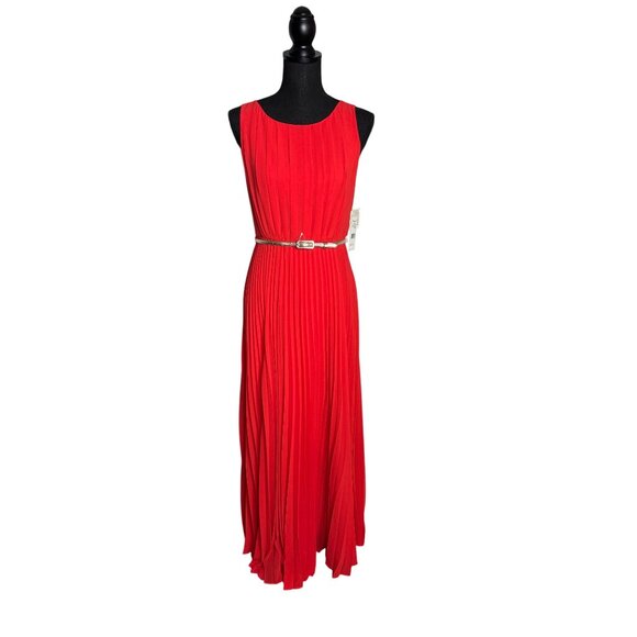 Eliza J Women's Stunning Bright Orange Pleated Maxy Dress with Gold Belt Size 4 - Picture 1 of 12